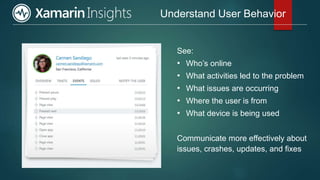 See:
• Who’s online
• What activities led to the problem
• What issues are occurring
• Where the user is from
• What device is being used
Communicate more effectively about
issues, crashes, updates, and fixes
Understand User Behavior
 
