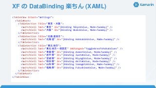 XF の DataBinding 楽ちん (XAML)
<TableView Intent="Settings">
<TableRoot>
<TableSection Title="東京・大阪">
<SwitchCell Text="東京" On="{Binding TokyoValue, Mode=TwoWay}" />
<SwitchCell Text="大阪" On="{Binding OsakaValue, Mode=TwoWay}" />
</TableSection>
<TableSection Title="北海道地方">
<SwitchCell Text="北海道" On="{Binding HokkaidoValue, Mode=TwoWay}" />
</TableSection>
<TableSection Title="東北地方">
<SwitchCell Text="東北地方一括設定" OnChanged="ToggleAreaTohokuValues" />
<SwitchCell Text="青森県" On="{Binding AomoriValue, Mode=TwoWay}" />
<SwitchCell Text="岩手県" On="{Binding IwateValue, Mode=TwoWay}" />
<SwitchCell Text="宮城県" On="{Binding MiyagiValue, Mode=TwoWay}" />
<SwitchCell Text="秋田県" On="{Binding AkitaValue, Mode=TwoWay}" />
<SwitchCell Text="山形県" On="{Binding YamagataValue, Mode=TwoWay}" />
<SwitchCell Text="福島県" On="{Binding FukushimaValue, Mode=TwoWay}" />
</TableSection>
</TableRoot>
</TableView>
 