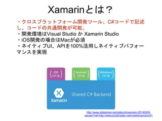 Xamarinとは？
・クロスプラットフォーム開発ツール。C#コードで記述
し、コードの共通開発が可能。
・開発環境はVisual Studio か Xamarin Studio
・iOS開発の場合はMacが必須
・ネイティブUI、APIを100%活用しネイティブパフォー
マンスを実現
http://www.slideshare.net/ytabuchi/xamarin-20140930-
sansan?ref=http://www.buildinsider.net/mobile/xamarin/01
 