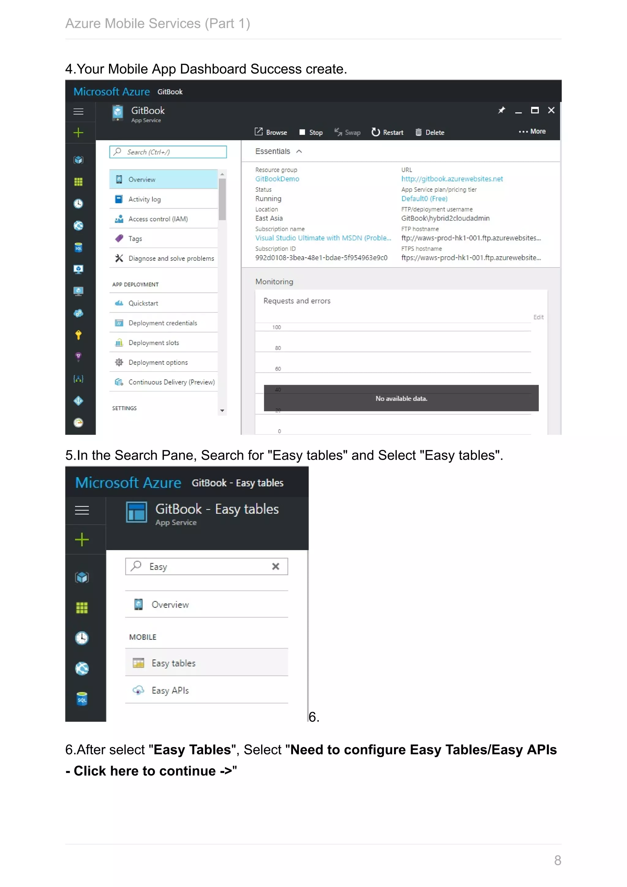 4.Your	Mobile	App	Dashboard	Success	create. 5.In	the	Search	Pane,	Search	for	"Easy	tables"	and	Select	"Easy	tables". 6. 6.After	select	"Easy	Tables",	Select	"Need	to	configure	Easy	Tables/Easy	APIs -	Click	here	to	continue	->" Azure	Mobile	Services	(Part	1) 8 
