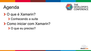 Globalcode – Open4education
Agenda
O que é Xamarin?
Conhecendo a suíte
Como iniciar com Xamarin?
O que eu preciso?
 
