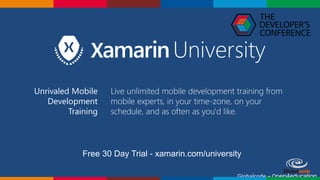 Globalcode – Open4education
Free 30 Day Trial - xamarin.com/university
Unrivaled Mobile
Development
Training
Live unlimited mobile development training from
mobile experts, in your time-zone, on your
schedule, and as often as you'd like.
 