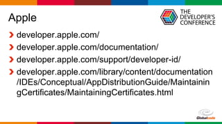 Globalcode – Open4education
Apple
developer.apple.com/
developer.apple.com/documentation/
developer.apple.com/support/developer-id/
developer.apple.com/library/content/documentation
/IDEs/Conceptual/AppDistributionGuide/Maintainin
gCertificates/MaintainingCertificates.html
 
