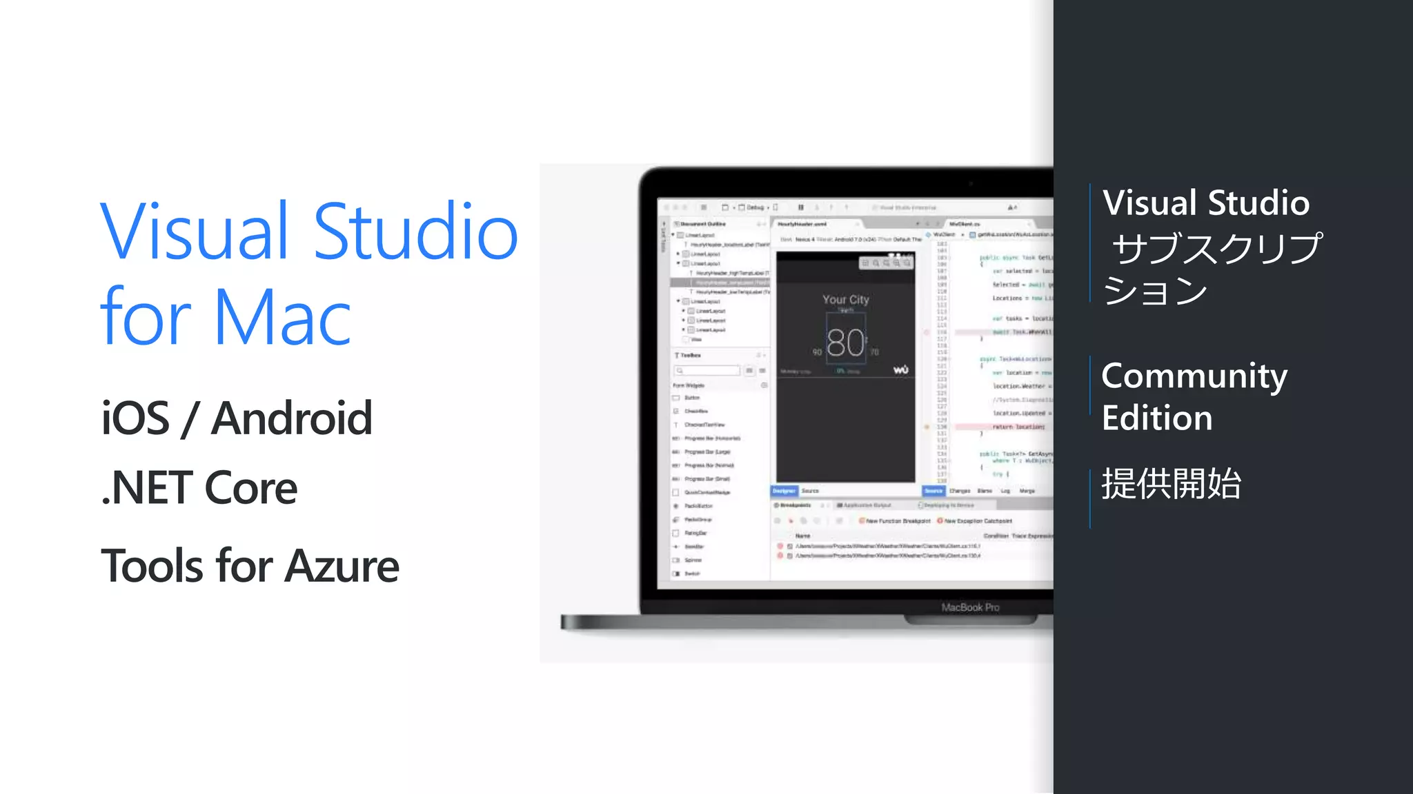 Visual Studio
for Mac
iOS / Android
.NET Core
Tools for Azure
Visual Studio
サブスクリプ
ション
Community
Edition
提供開始
 