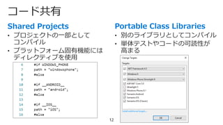 コード共有
12
• プロジェクトの一部として
コンパイル
• プラットフォーム固有機能には
ディレクティブを使用
• 別のライブラリとしてコンパイル
• 単体テストやコードの可読性が
高まる
 