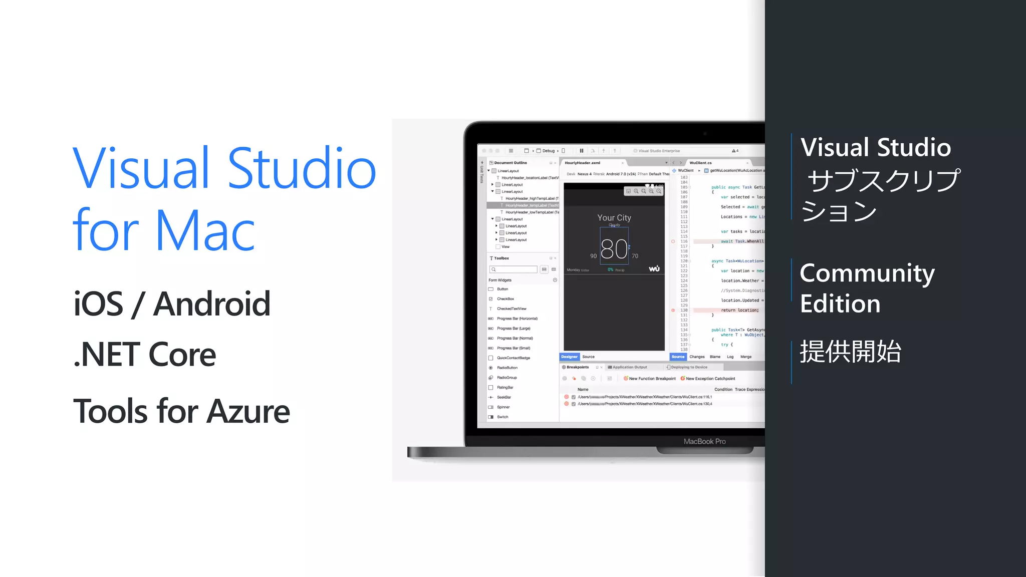 Visual Studio
for Mac
iOS / Android
.NET Core
Tools for Azure
Visual Studio
サブスクリプ
ション
Community
Edition
提供開始
 