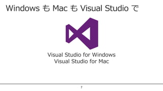 7
Visual Studio for Windows
Visual Studio for Mac
Windows も Mac も Visual Studio で
 