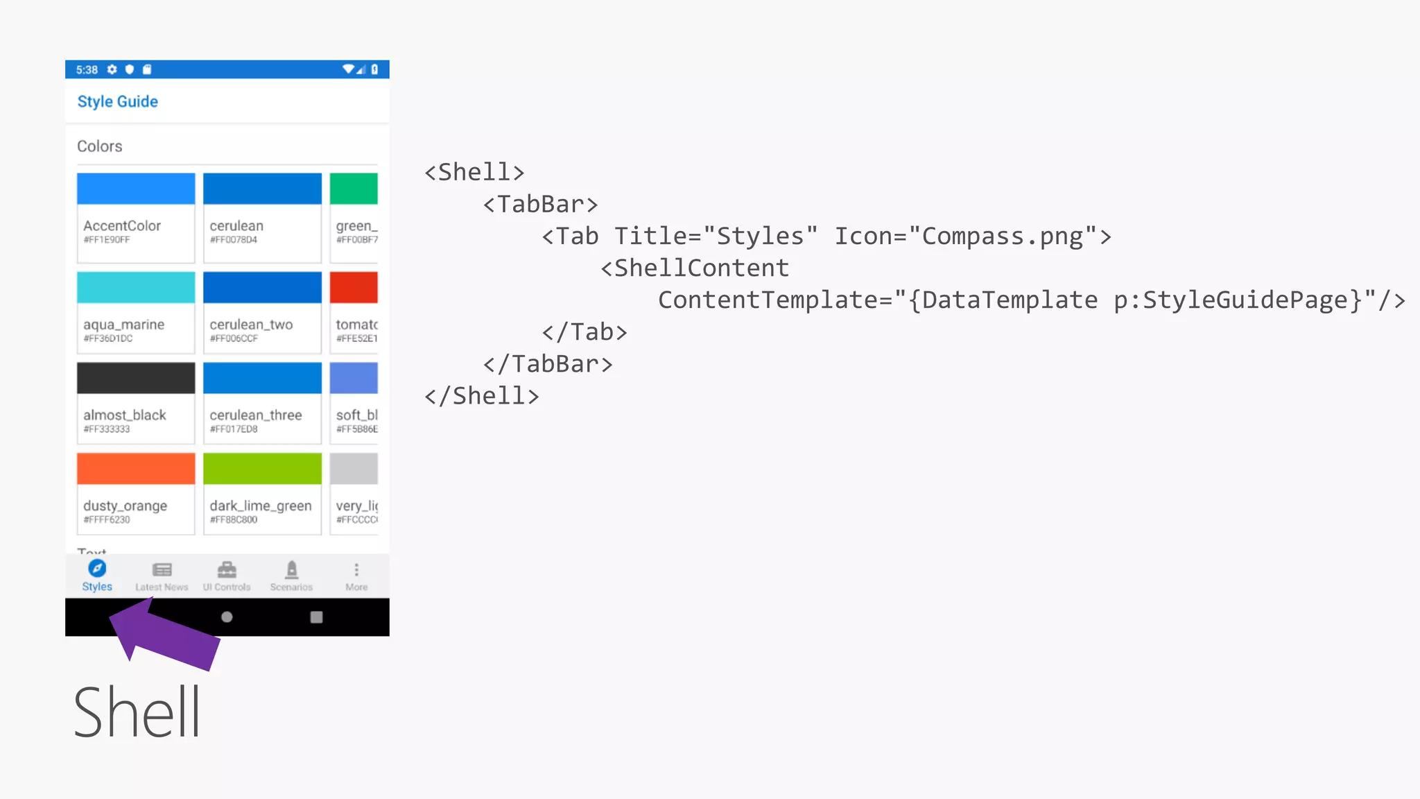 Shell
<Shell>
<TabBar>
<Tab Title="Styles" Icon="Compass.png">
<ShellContent
ContentTemplate="{DataTemplate p:StyleGuidePage}"/>
</Tab>
</TabBar>
</Shell>
 