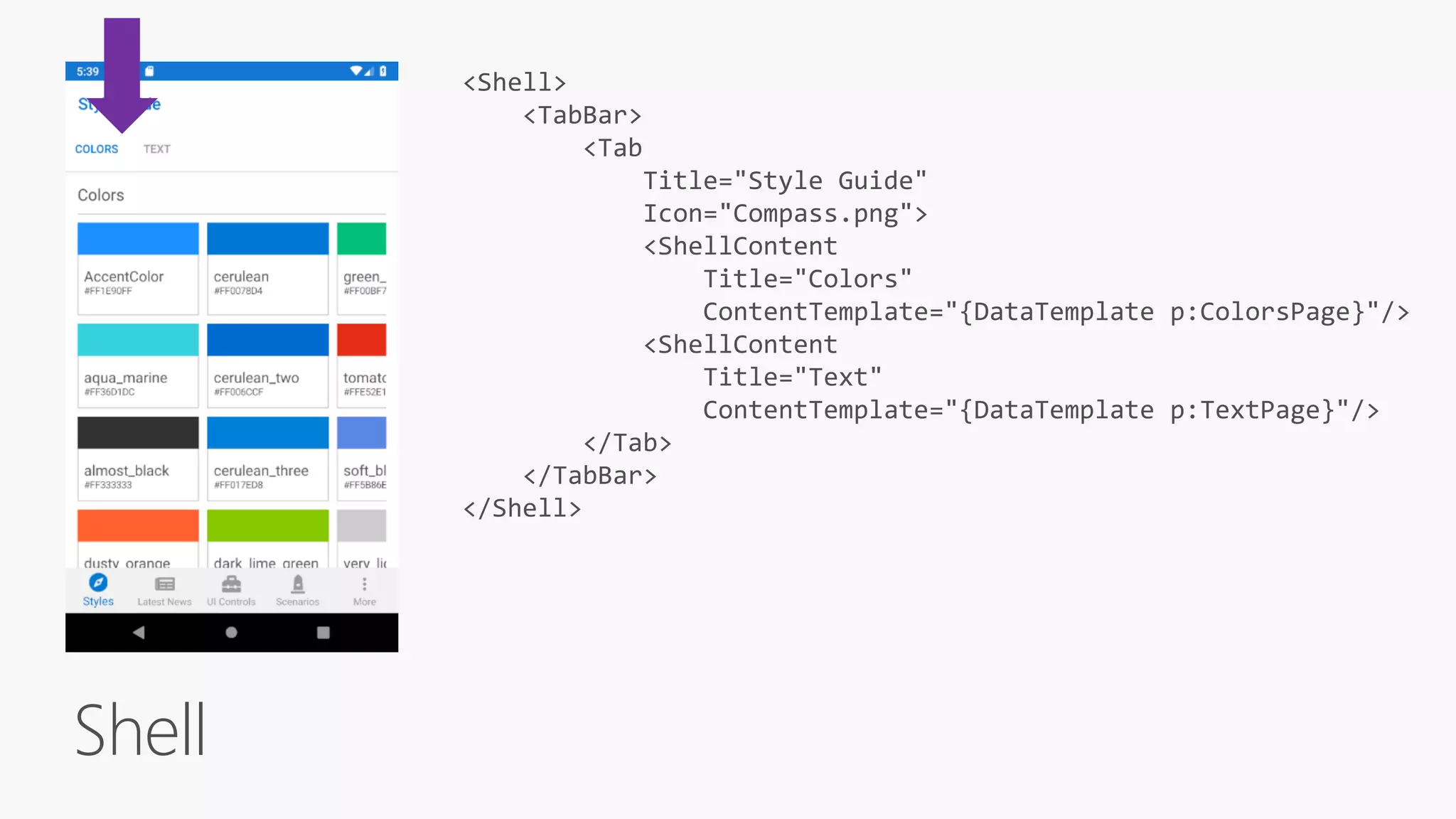 Shell
<Shell>
<TabBar>
<Tab
Title="Style Guide"
Icon="Compass.png">
<ShellContent
Title="Colors"
ContentTemplate="{DataTemplate p:ColorsPage}"/>
<ShellContent
Title="Text"
ContentTemplate="{DataTemplate p:TextPage}"/>
</Tab>
</TabBar>
</Shell>
 