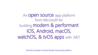An open source app platform
from Microsoft for
building modern & performant
iOS, Android, macOS,
watchOS, & tvOS apps with .NET.
Free & Included in Visual Studio Community Edition
 