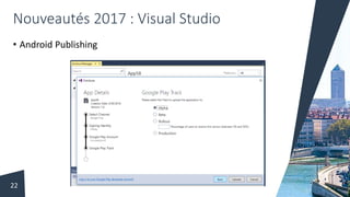 Nouveautés 2017 : Visual Studio
• Android Publishing
22
 