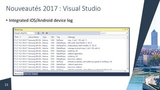 Nouveautés 2017 : Visual Studio
• Integrated iOS/Android device log
23
 