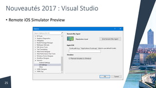 Nouveautés 2017 : Visual Studio
• Remote iOS Simulator Preview
25
 