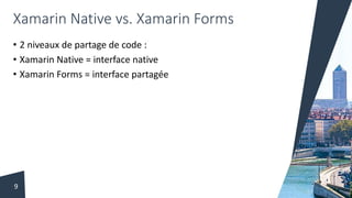 Xamarin Native vs. Xamarin Forms
• 2 niveaux de partage de code :
• Xamarin Native = interface native
• Xamarin Forms = interface partagée
9
 