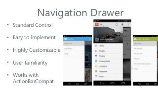 Navigation Drawer
• Standard Control
• Easy to implement
• Highly Customizable
• User familiarity
• Works with
ActionBarCompat

 