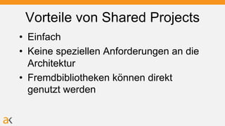 Vorteile von Shared Projects
• Einfach
• Keine speziellen Anforderungen an die
Architektur
• Fremdbibliotheken können direkt
genutzt werden
 