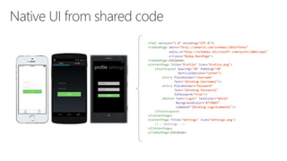<?xml version="1.0" encoding="UTF-8"?>
<TabbedPage xmlns="http://xamarin.com/schemas/2014/forms"
xmlns:x="http://schemas.microsoft.com/winfx/2009/xaml"
x:Class="MyApp.MainPage">
<TabbedPage.Children>
<ContentPage Title="Profile" Icon="Profile.png">
<StackLayout Spacing="20" Padding="20"
VerticalOptions="Center">
<Entry Placeholder="Username"
Text="{Binding Username}"/>
<Entry Placeholder="Password"
Text="{Binding Password}"
IsPassword="true"/>
<Button Text="Login" TextColor="White"
BackgroundColor="#77D065"
Command="{Binding LoginCommand}"/>
</StackLayout>
</ContentPage>
<ContentPage Title="Settings" Icon="Settings.png">
<!-- Settings -->
</ContentPage>
</TabbedPage.Children>
 
