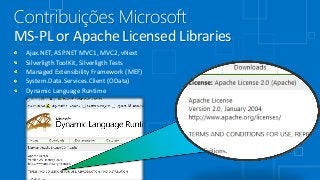 MS-PL or Apache Licensed Libraries
Ajax.NET, ASP.NET MVC1, MVC2, vNext
Silverligth ToolKit, Silverligth Tests
Managed Extensibility Framework (MEF)
System.Data.Services.Client (OData)
Dynamic Language Runtime
 