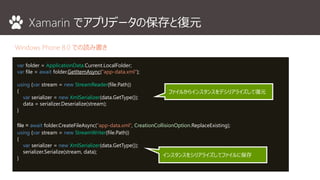 var folder = ApplicationData.Current.LocalFolder;
var file = await folder.GetItemAsync(“app-data.xml");
using (var stream = new StreamReader(file.Path))
{
var serializer = new XmlSerializer(data.GetType());
data = serializer.Deserialize(stream);
}
file = await folder.CreateFileAsync(“app-data.xml“, CreationCollisionOption.ReplaceExisting);
using (var stream = new StreamWriter(file.Path))
{
var serializer = new XmlSerializer(data.GetType());
serializer.Serialize(stream, data);
}
Xamarin でアプリデータの保存と復元
Windows Phone 8.0 での読み書き
ファイルからインスタンスをデシリアライズして復元
インスタンスをシリアライズしてファイルに保存
 
