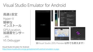 Visual Studio Emulator for Android 
http://www.visualstudio.com/ja-jp/explore/msft-android-emulator-vs.aspx  