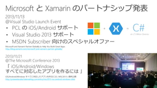 ? 
? 
? 
Microsoft and XamarinPartner Globally to Help You Build Great Apps 
http://blog.xamarin.com/microsoft-and-xamarin-partner-globally/ 
iOS/Android/Windows ٤Ƥˌꤷץˤ( MSC2013 ) YϹ_ 
http://yutawatanabe.hatenablog.com/entry/msc2013-ios-android-windows-slide  