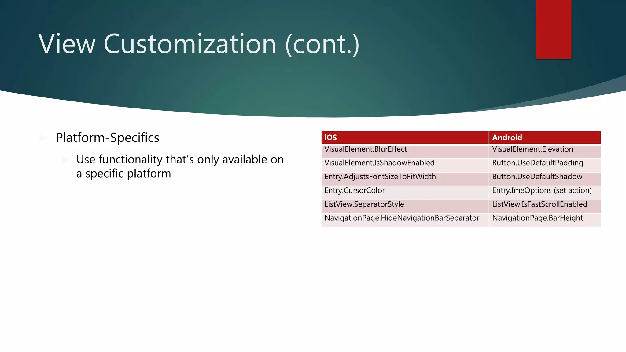 View Customization (cont.)
 Platform-Specifics
 Use functionality that’s only available on
a specific platform
iOS Android
VisualElement.BlurEffect VisualElement.Elevation
VisualElement.IsShadowEnabled Button.UseDefaultPadding
Entry.AdjustsFontSizeToFitWidth Button.UseDefaultShadow
Entry.CursorColor Entry.ImeOptions (set action)
ListView.SeparatorStyle ListView.IsFastScrollEnabled
NavigationPage.HideNavigationBarSeparator NavigationPage.BarHeight
 