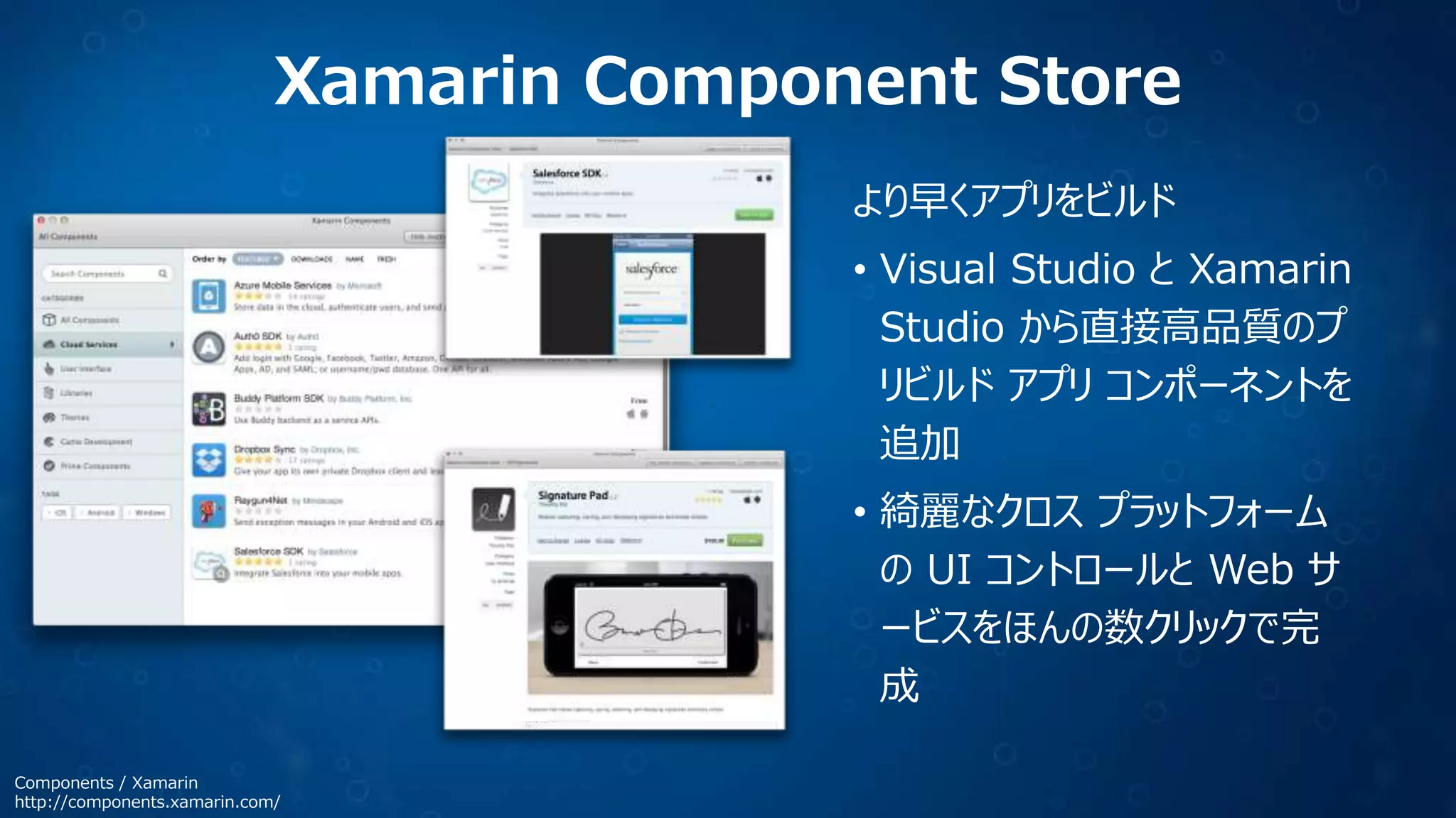 Xamarin Component Store
より早くアプリをビルド

• Visual Studio と Xamarin
Studio から直接高品質のプ
リビルド アプリ コンポーネントを
追加
• 綺麗なクロス プラットフォーム
の UI コントロールと Web サ
ービスをほんの数クリックで完
成
Components / Xamarin
http://components.xamarin.com/

 