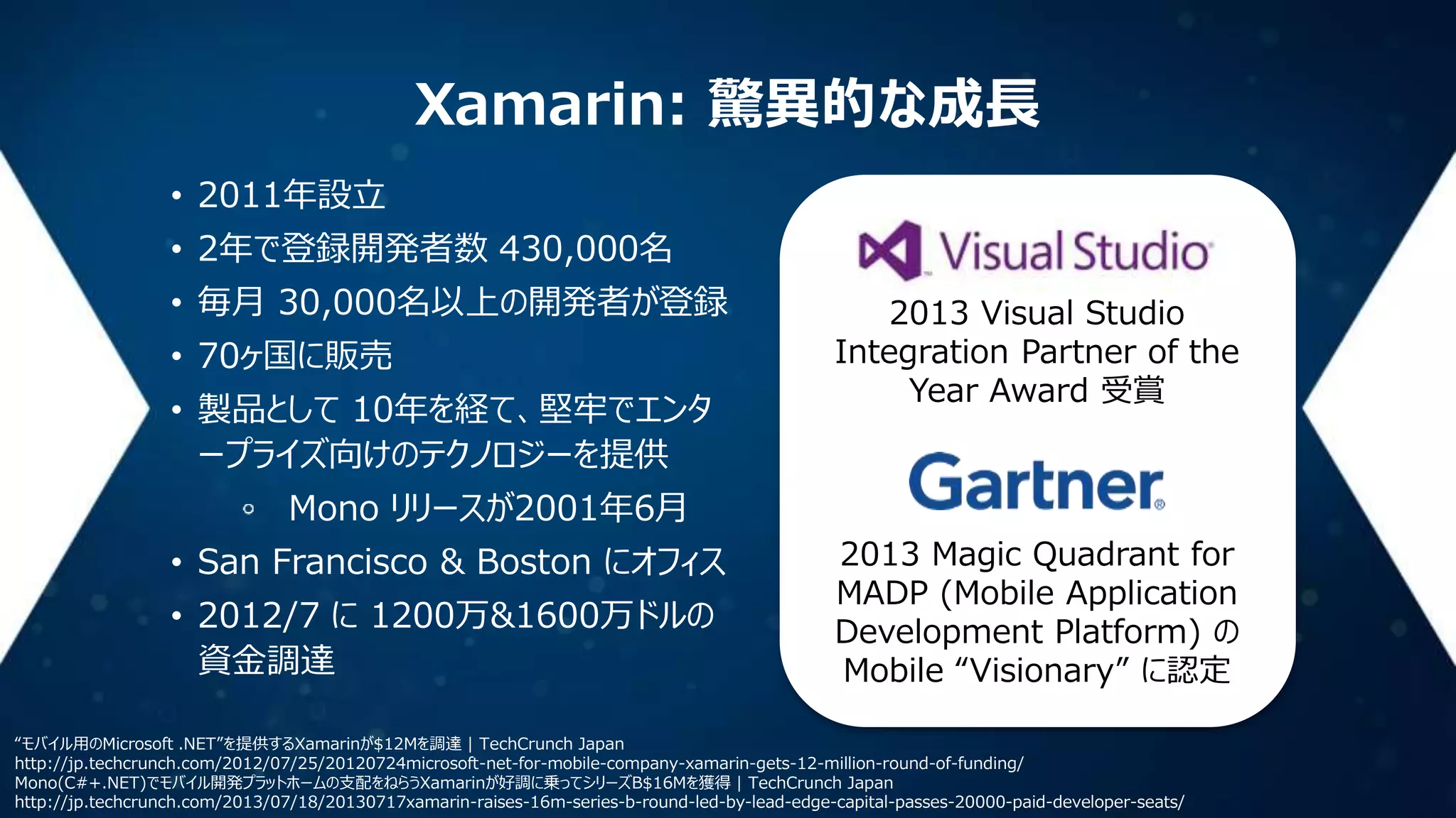 Xamarin: 驚異的な成長
• 2011年設立
• 2年で登録開発者数 430,000名
• 毎月 30,000名以上の開発者が登録

• 70ヶ国に販売
• 製品として 10年を経て、堅牢でエンタ
ープライズ向けのテクノロジーを提供

2013 Visual Studio
Integration Partner of the
Year Award 受賞

Mono リリースが2001年6月

• San Francisco & Boston にオフィス
• 2012/7 に 1200万&1600万ドルの
資金調達

2013 Magic Quadrant for
MADP (Mobile Application
Development Platform) の
Mobile “Visionary” に認定

“モバイル用のMicrosoft .NET”を提供するXamarinが$12Mを調達 | TechCrunch Japan
http://jp.techcrunch.com/2012/07/25/20120724microsoft-net-for-mobile-company-xamarin-gets-12-million-round-of-funding/
Mono(C#+.NET)でモバイル開発プラットホームの支配をねらうXamarinが好調に乗ってシリーズB$16Mを獲得 | TechCrunch Japan
http://jp.techcrunch.com/2013/07/18/20130717xamarin-raises-16m-series-b-round-led-by-lead-edge-capital-passes-20000-paid-developer-seats/

 