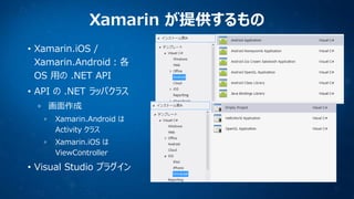 Xamarin が提供するもの
• Xamarin.iOS /
Xamarin.Android：各
OS 用の .NET API
• API の .NET ラッパクラス
画面作成
Xamarin.Android は
Activity クラス
X...