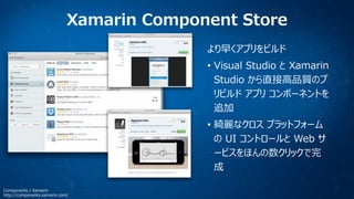Xamarin Component Store
より早くアプリをビルド

• Visual Studio と Xamarin
Studio から直接高品質のプ
リビルド アプリ コンポーネントを
追加
• 綺麗なクロス プラットフォーム
の U...