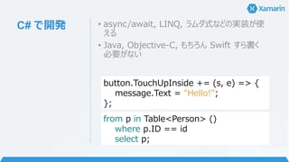 C# で開発 • async/await, LINQ, ラムダ式などの実装が使
える
• Java, Objective-C, もちろん Swift すら書く
必要がない
button.TouchUpInside += (s, e) => {
...