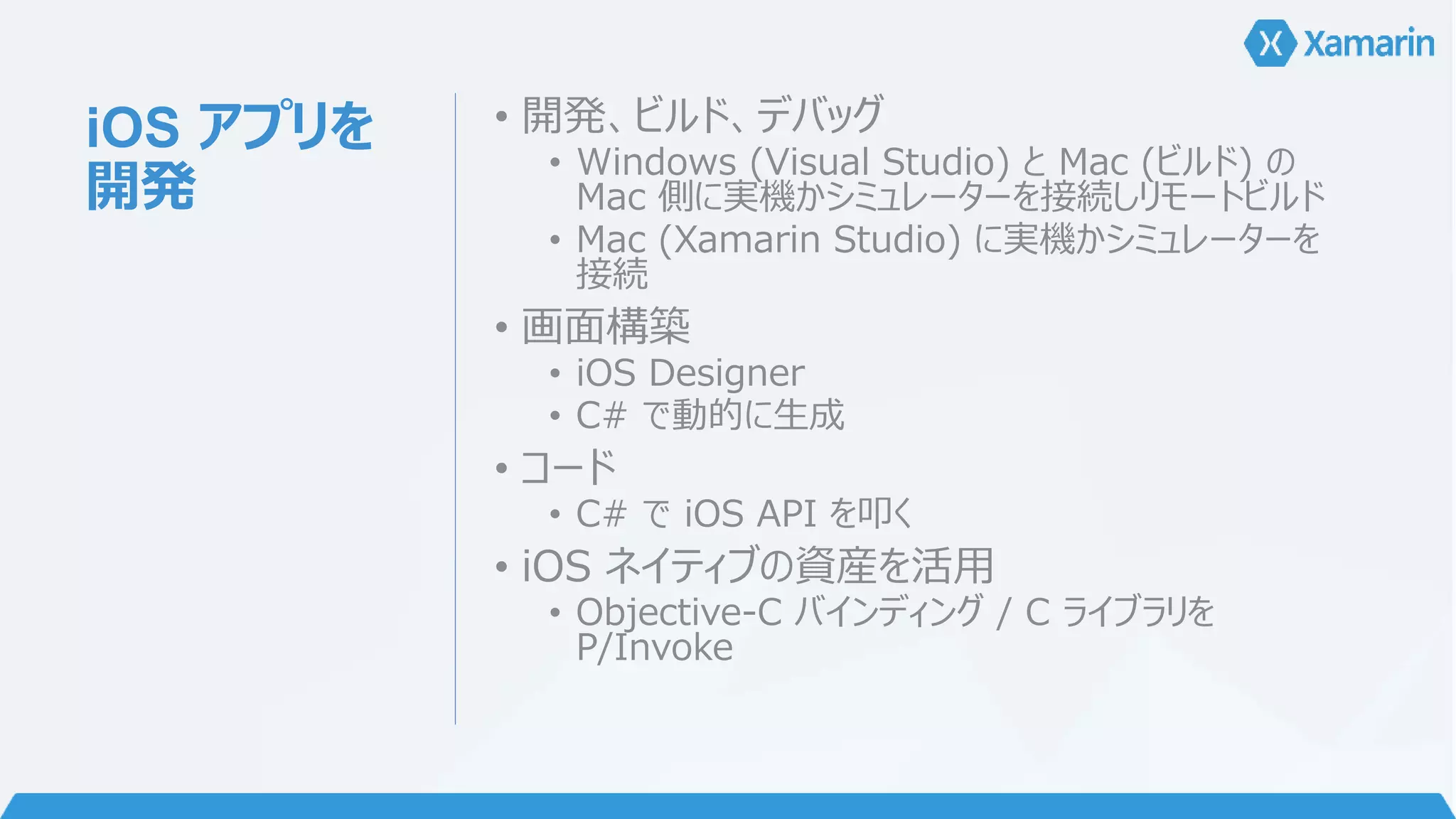 iOS アプリを 
開発 
• 開発、ビルド、デバッグ 
• Windows (Visual Studio) とMac (ビルド) の 
Mac 側に実機かシミュレーターを接続しリモートビルド 
• Mac (Xamarin Studio) に実機かシミュレーターを 
接続 
• 画面構築 
• iOS Designer 
• C# で動的に生成 
• コード 
• C# でiOS API を叩く 
• iOS ネイティブの資産を活用 
• Objective-C バインディング/ C ライブラリを 
P/Invoke 
 