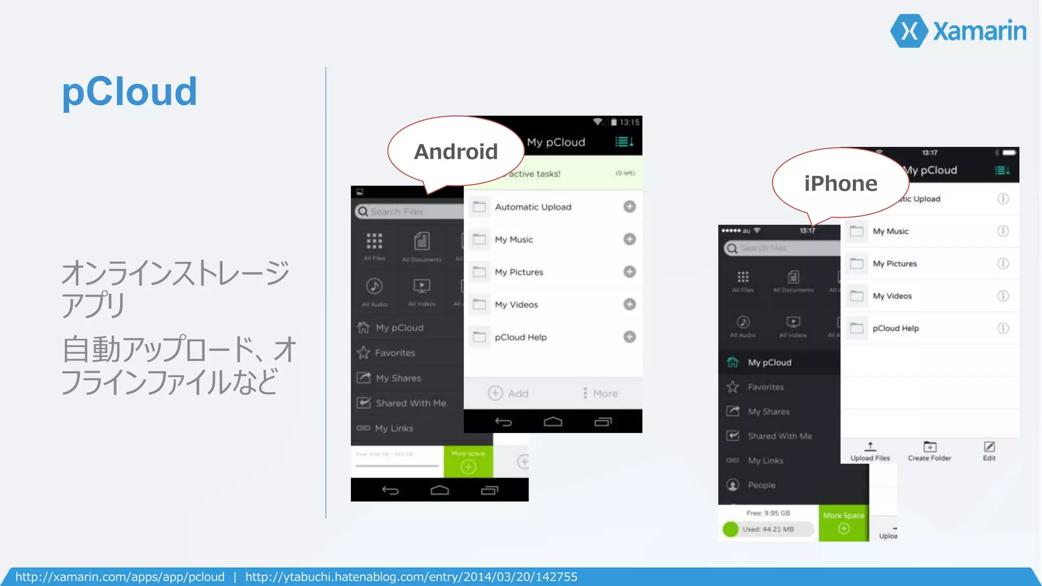 pCloud 
オンラインストレージ 
アプリ 
自動アップロード、オ 
フラインファイルなど 
Android 
iPhone 
http://xamarin.com/apps/app/pcloud | http://ytabuchi.hatenablog.com/entry/2014/03/20/142755 
 