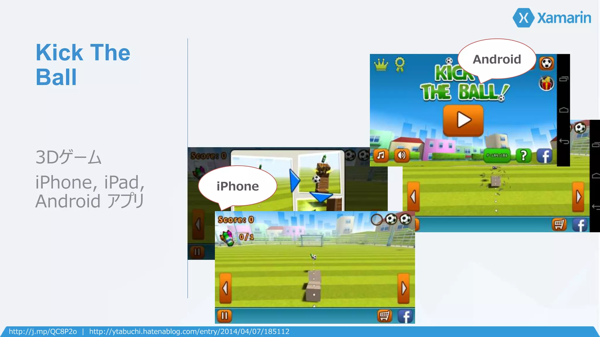 Kick The 
Ball 
3Dゲーム 
iPhone, iPad, 
Android アプリ 
iPhone 
Android 
http://j.mp/QC8P2o | http://ytabuchi.hatenablog.com/entry/2014/04/07/185112 
 
