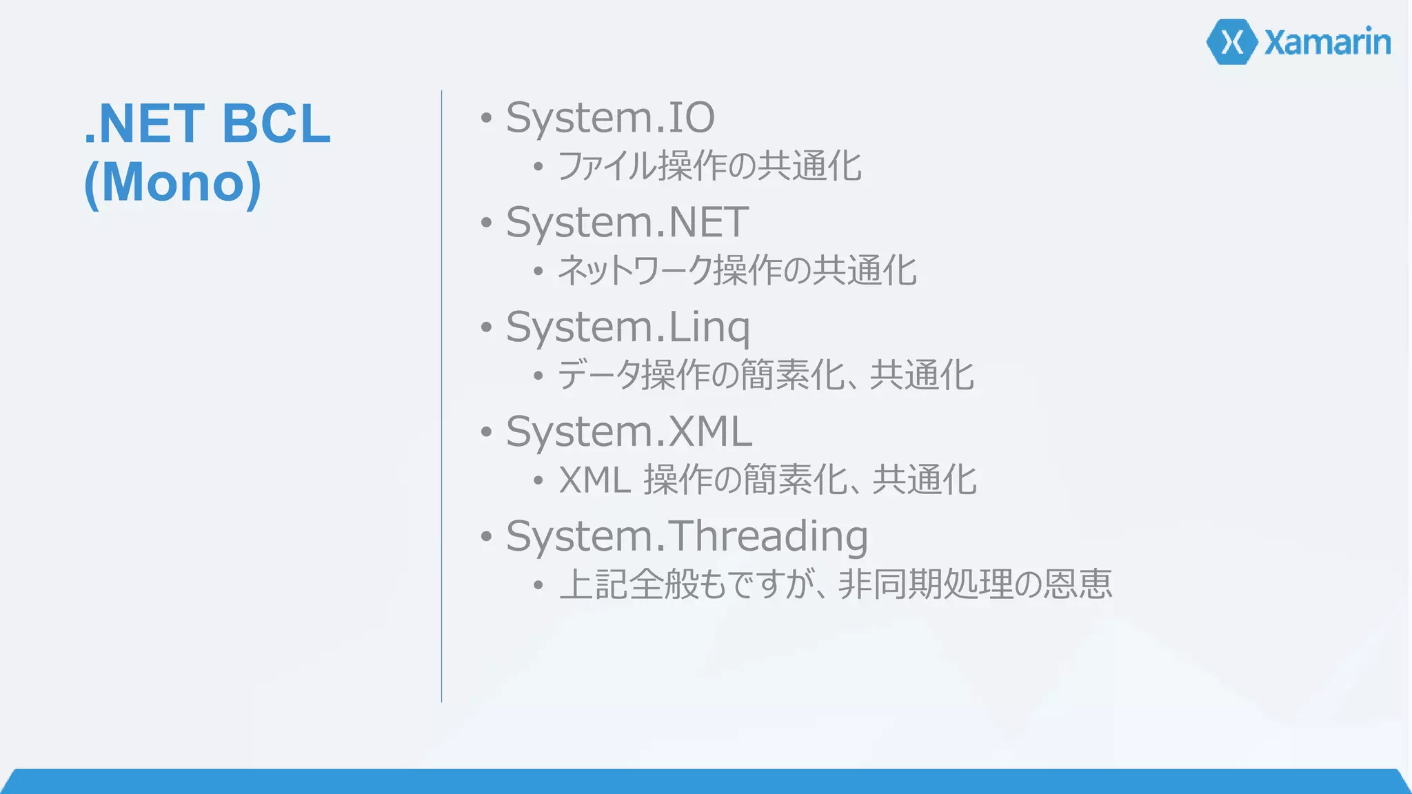 .NET BCL 
(Mono) 
• System.IO 
• ファイル操作の共通化 
• System.NET 
• ネットワーク操作の共通化 
• System.Linq 
• データ操作の簡素化、共通化 
• System.XML 
• XML 操作の簡素化、共通化 
• System.Threading 
• 上記全般もですが、非同期処理の恩恵 
 