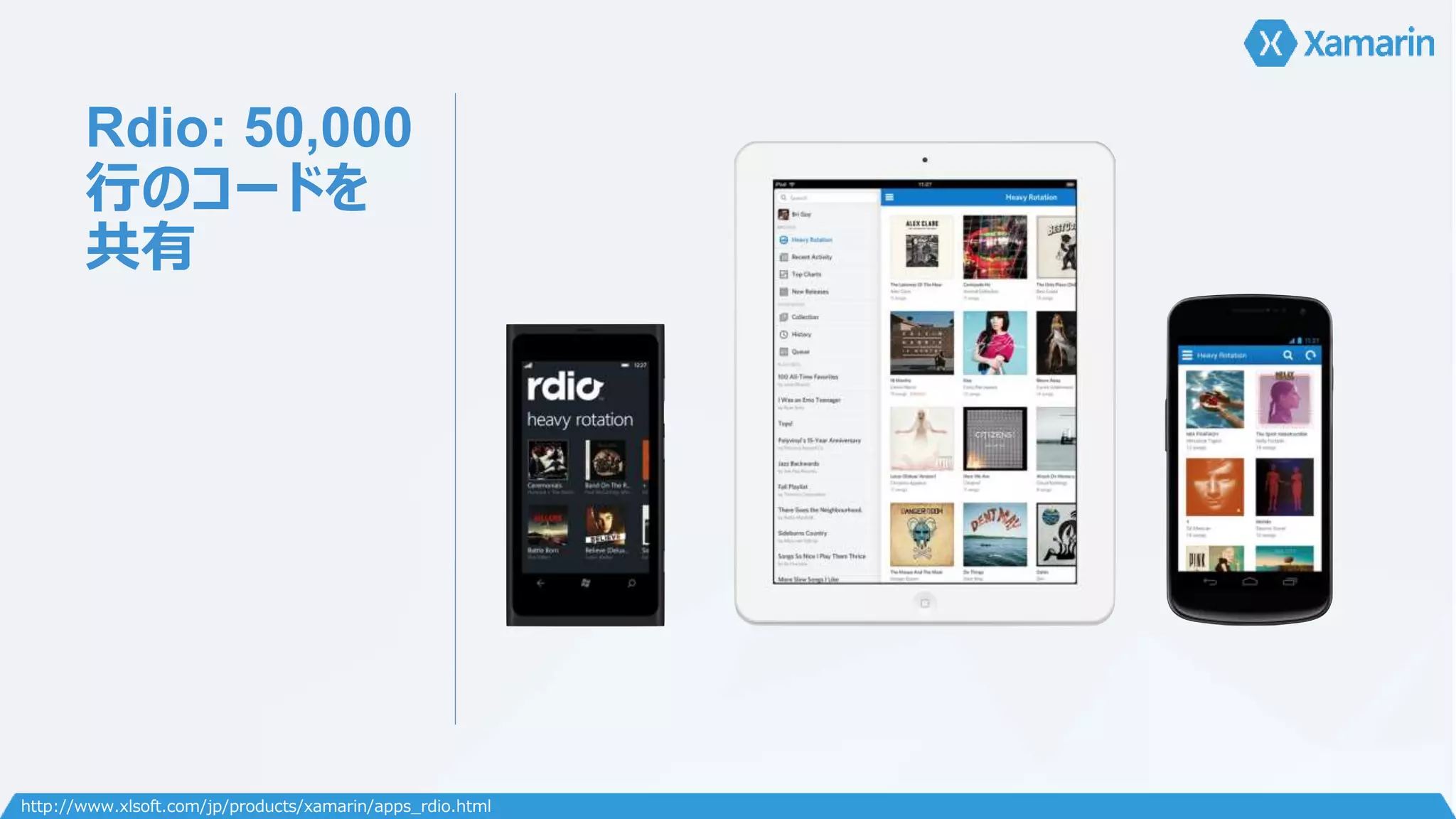 Rdio: 50,000 
行のコードを 
共有 
http://www.xlsoft.com/jp/products/xamarin/apps_rdio.html 
 