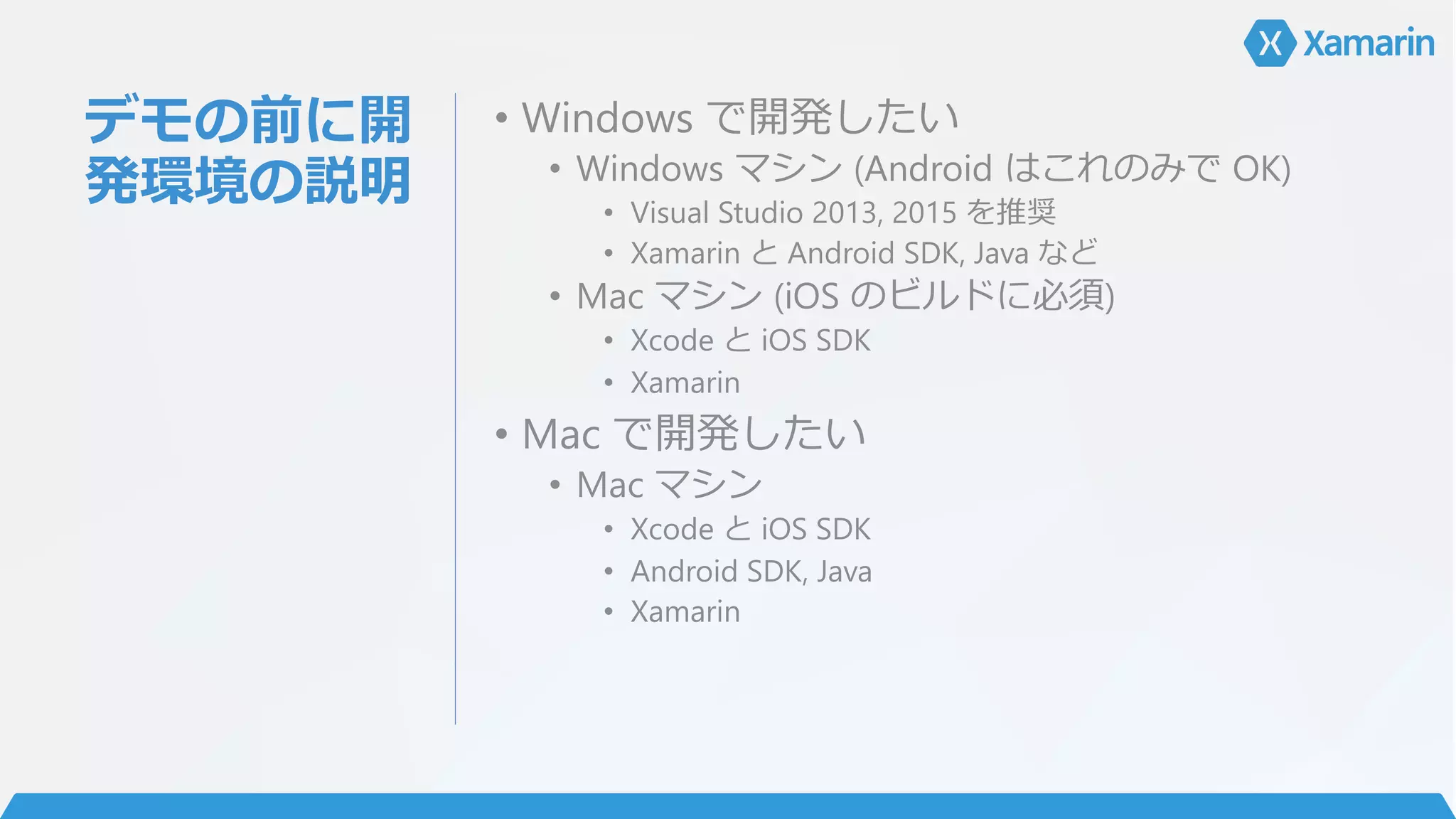 デモの前に開
発環境の説明
• Windows で開発したい
• Windows マシン (Android はこれのみで OK)
• Visual Studio 2013, 2015 を推奨
• Xamarin と Android SDK, Java など
• Mac マシン (iOS のビルドに必須)
• Xcode と iOS SDK
• Xamarin
• Mac で開発したい
• Mac マシン
• Xcode と iOS SDK
• Android SDK, Java
• Xamarin
 