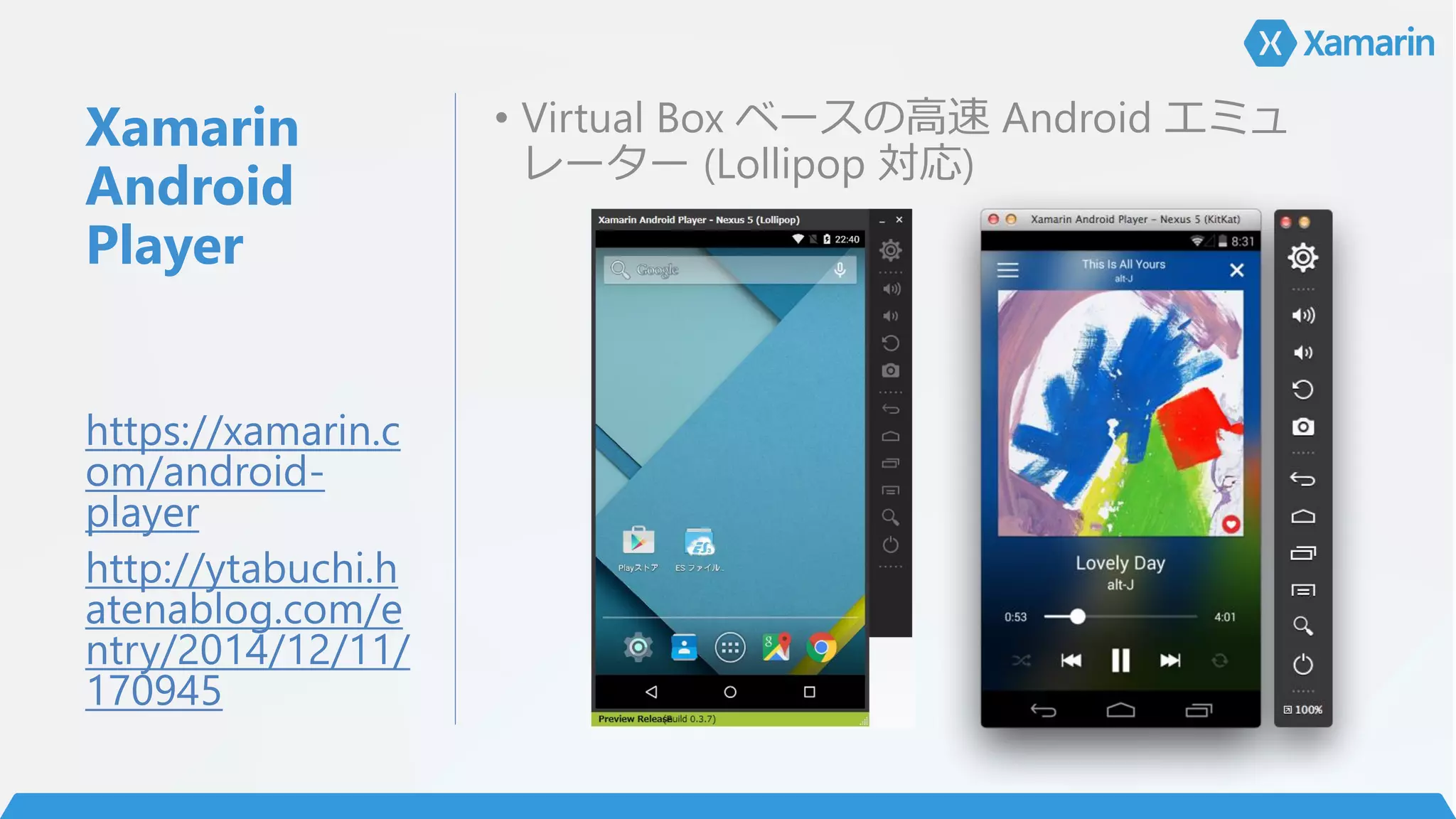 Xamarin
Android
Player
• Virtual Box ベースの高速 Android エミュ
レーター (Lollipop 対応)
https://xamarin.c
om/android-
player
http://ytabuchi.h
atenablog.com/e
ntry/2014/12/11/
170945
 