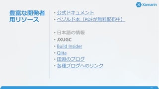 豊富な開発者
用リソース
• 公式ドキュメント
• ペゾルド本（PDFが無料配布中）
• 日本語の情報
• JXUGC
• Build Insider
• Qiita
• 田淵のブログ
• 各種ブログへのリンク
11
 