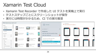 Xamarin Test Cloud
26
• Xamarin Test Recorder で作成した UI テストを実機上で実行
• テストステップごとにスクリーンショットが保存
• 実行には時間がかかるため、CI での実行推奨
 