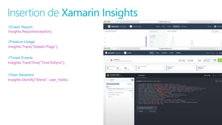 Insertion de Xamarin Insights
//Crash Report
Insights.Report(exception);
//Feature Usage
Insights.Track(“Splash Page”);
//Timed Events
Insights.TrackTime(“TimeToSync”);
//User Sessions
Insights.Identify(“Steve”, user_traits);
 