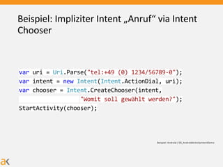 Beispiel: Impliziter Intent „Anruf“ via Intent
Chooser
var uri = Uri.Parse("tel:+49 (0) 1234/56789-0");
var intent = new Intent(Intent.ActionDial, uri);
var chooser = Intent.CreateChooser(intent,
"Womit soll gewählt werden?");
StartActivity(chooser);
Beispiel: Android / 03_AndroidActivityIntentDemo
 