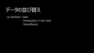 ǩ`΁K椨
var afterData = table
.Orderby(item => item.Text)
.ToListASync();
 