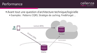 Performance
 Avant tout une question d’architecture technique/logicielle
 Exemples : Patterns CQRS, Stratégie de caching, Fire&Forget …
Database
Database
Esclave
Maître
Synchronisation
Lecture (80%)
 