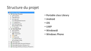 Structure du projet
• Portable class Library
• Android
• iOS
• UWP
• Windows8
• Windows Phone
 