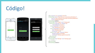 Código!
<?xml version="1.0" encoding="UTF-8"?>
<TabbedPage xmlns="http://xamarin.com/schemas/2014/forms"
xmlns:x="http://schemas.microsoft.com/winfx/2009/xaml"
x:Class="MyApp.MainPage">
<TabbedPage.Children>
<ContentPage Title="Profile" Icon="Profile.png">
<StackLayout Spacing="20" Padding="20"
VerticalOptions="Center">
<Entry Placeholder="Username"
Text="{Binding Username}"/>
<Entry Placeholder="Password"
Text="{Binding Password}"
IsPassword="true"/>
<Button Text="Login" TextColor="White"
BackgroundColor="#77D065"
Command="{Binding LoginCommand}"/>
</StackLayout>
</ContentPage>
<ContentPage Title="Settings" Icon="Settings.png">
<!-- Settings -->
</ContentPage>
</TabbedPage.Children>
 