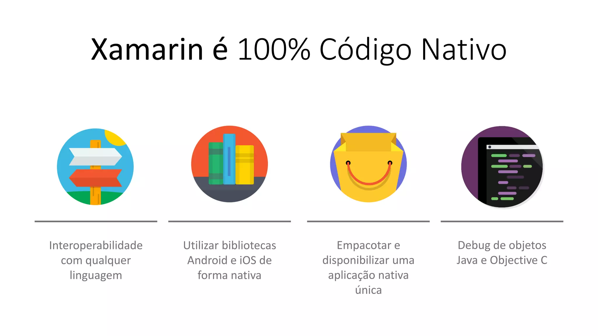 Xamarin é 100% Código Nativo
Debug de objetos
Java e Objective C
Interoperabilidade
com qualquer
linguagem
Utilizar bibliotecas
Android e iOS de
forma nativa
Empacotar e
disponibilizar uma
aplicação nativa
única
 