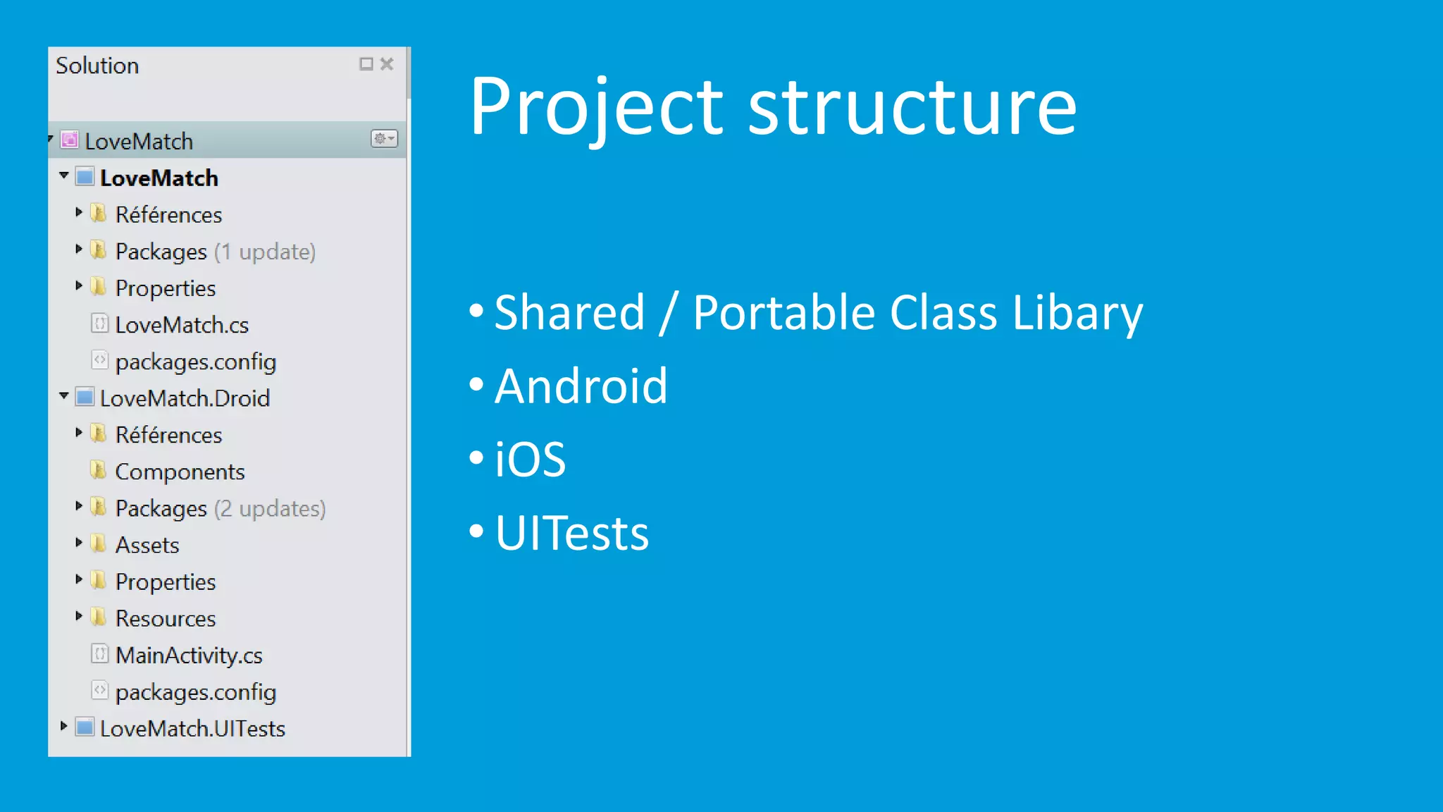 Project structure •Shared / Portable Class Libary •Android •iOS •UITests 