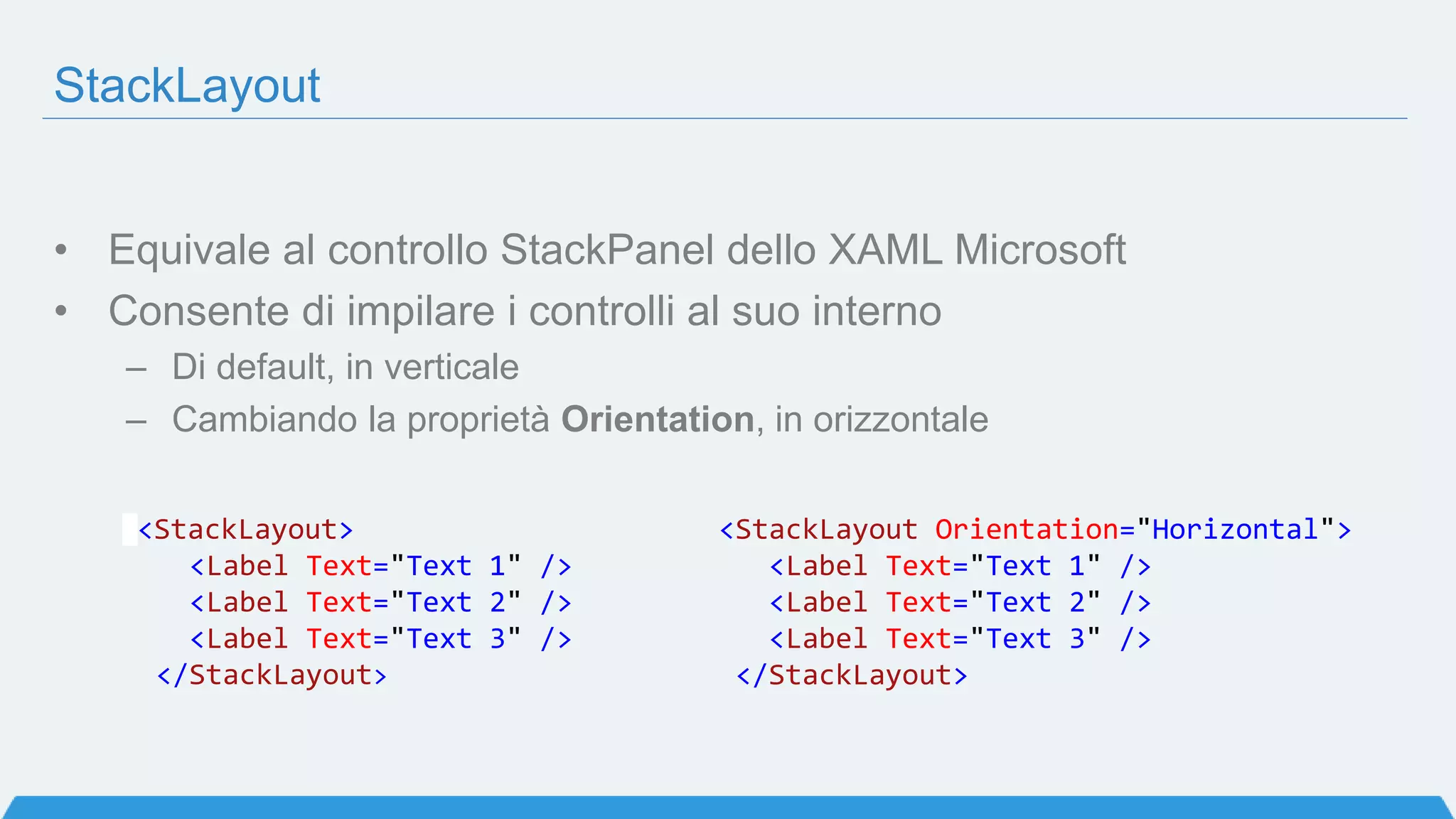 Microsoft XAML vs Xamarin.Forms
Xamarin.Forms è conforme alle specifiche di XAML 2009
 