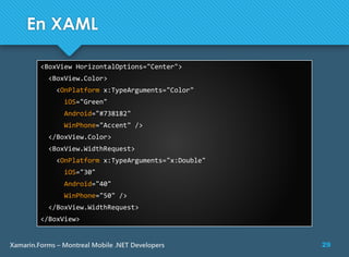 29Xamarin.Forms – Montreal Mobile .NET Developers
En XAML
<BoxView HorizontalOptions="Center">
<BoxView.Color>
<OnPlatform x:TypeArguments="Color"
iOS="Green"
Android="#738182"
WinPhone="Accent" />
</BoxView.Color>
<BoxView.WidthRequest>
<OnPlatform x:TypeArguments="x:Double"
iOS="30"
Android="40"
WinPhone="50" />
</BoxView.WidthRequest>
</BoxView>
 